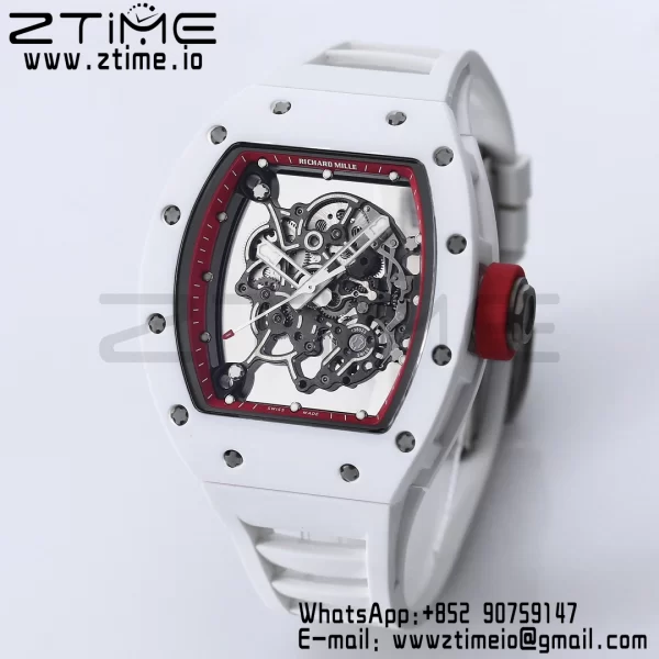 RICHARD MILLE RM055 White Ceramic BBR Factory Best Edition Skeleton Black Dial Blue Inside Frame on White Rubber Strap Clone RMUL2 V3 - Super Clone Watch | 1:1 Best Version