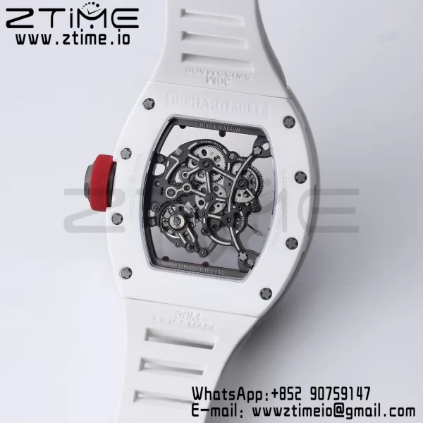 RICHARD MILLE RM055 White Ceramic BBR Factory Best Edition Skeleton Black Dial Blue Inside Frame on White Rubber Strap Clone RMUL2 V3 - Super Clone Watch | 1:1 Best Version