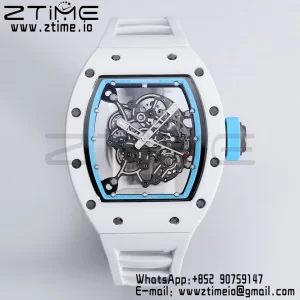RICHARD MILLE RM055 White Ceramic BBR Factory Best Edition Skeleton Black Dial Blue Inside Frame on White Rubber Strap Clone RMUL2 V3 - Super Clone Watch | 1:1 Best Version