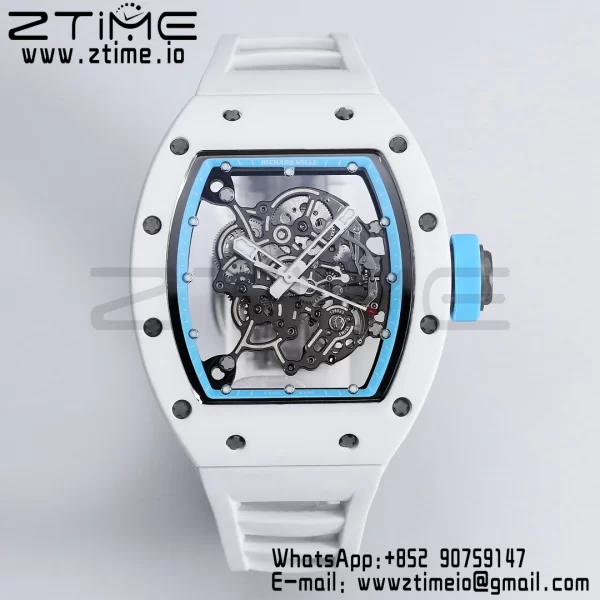 RICHARD MILLE RM055 White Ceramic BBR Factory Best Edition Skeleton Black Dial Blue Inside Frame on White Rubber Strap Clone RMUL2 V3 - Super Clone Watch | 1:1 Nejlepší verze