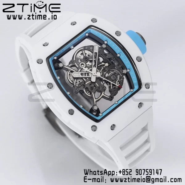 RICHARD MILLE RM055 White Ceramic BBR Factory Best Edition Skeleton Black Dial Blue Inside Frame on White Rubber Strap Clone RMUL2 V3 - Super Clone Watch | 1:1 Nejlepší verze