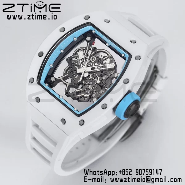 RICHARD MILLE RM055 White Ceramic BBR Factory Best Edition Skeleton Black Dial Blue Inside Frame on White Rubber Strap Clone RMUL2 V3 - Super Clone Watch | 1:1 Nejlepší verze