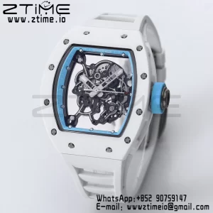 RICHARD MILLE RM055 White Ceramic BBR Factory Best Edition Skeleton Black Dial Blue Inside Frame on White Rubber Strap Clone RMUL2 V3 - Super Clone Watch | 1:1 Nejlepší verze