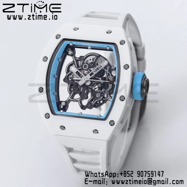 RICHARD MILLE RM055 White Ceramic BBR Factory Best Edition Skeleton Black Dial Blue Inside Frame on White Rubber Strap Clone RMUL2 V3 - Super Clone Watch | 1:1 Nejlepší verze