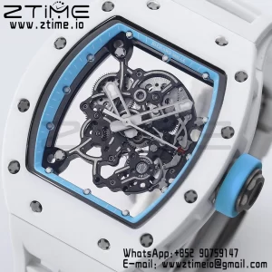 RICHARD MILLE RM055 White Ceramic BBR Factory Best Edition Skeleton Black Dial Blue Inside Frame on White Rubber Strap Clone RMUL2 V3 - Super Clone Watch | 1:1 Nejlepší verze