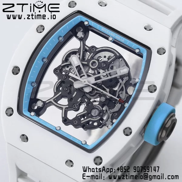 RICHARD MILLE RM055 White Ceramic BBR Factory Best Edition Skeleton Black Dial Blue Inside Frame on White Rubber Strap Clone RMUL2 V3 - Super Clone Watch | 1:1 Nejlepší verze