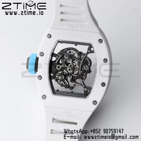 RICHARD MILLE RM055 White Ceramic BBR Factory Best Edition Skeleton Black Dial Blue Inside Frame on White Rubber Strap Clone RMUL2 V3 - Super Clone Watch | 1:1 Nejlepší verze