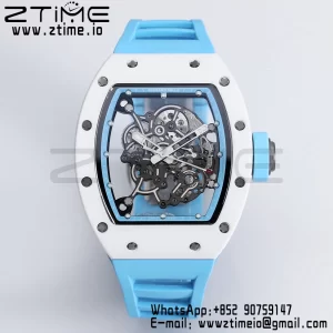 RICHARD MILLE RM055 White Ceramic BBR Factory Best Edition Skeleton Black Dial Blue Inside Frame on Blue BlueStrap Clone RMUL2 V3 - Super Clone Watch | 1:1 Best Version