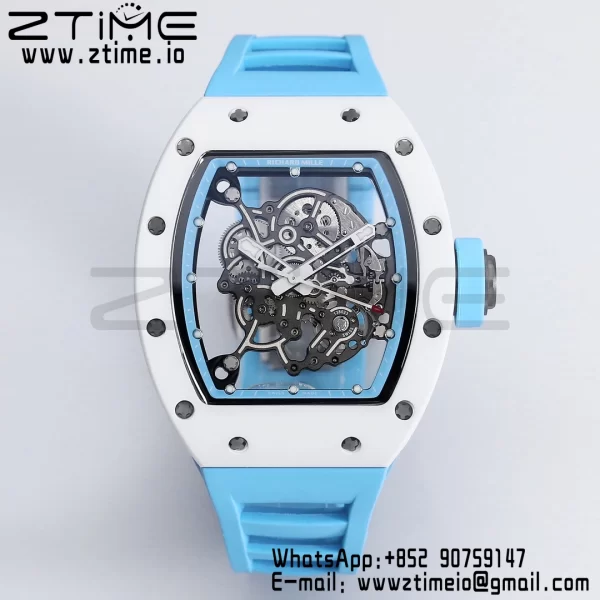 RICHARD MILLE RM055 White Ceramic BBR Factory Best Edition Skeleton Black Dial Blue Inside Frame on Blue BlueStrap Clone RMUL2 V3 - Super Clone Watch | 1:1 Best Version