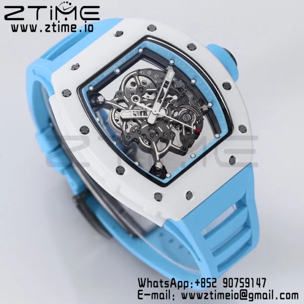 RICHARD MILLE RM055 White Ceramic BBR Factory Best Edition Skeleton Black Dial Blue Inside Frame on Blue BlueStrap Clone RMUL2 V3 - Super Clone Watch | 1:1 Best Version