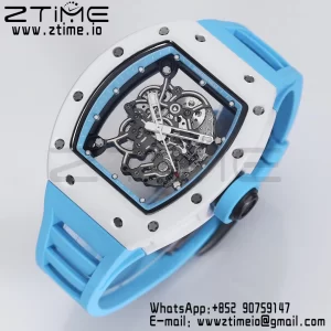 RICHARD MILLE RM055 White Ceramic BBR Factory Best Edition Skeleton Black Dial Blue Inside Frame on Blue BlueStrap Clone RMUL2 V3 - Super Clone Watch | 1:1 Best Version