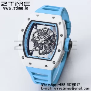 RICHARD MILLE RM055 White Ceramic BBR Factory Best Edition Skeleton Black Dial Blue Inside Frame on Blue BlueStrap Clone RMUL2 V3 - Super Clone Watch | 1:1 Best Version