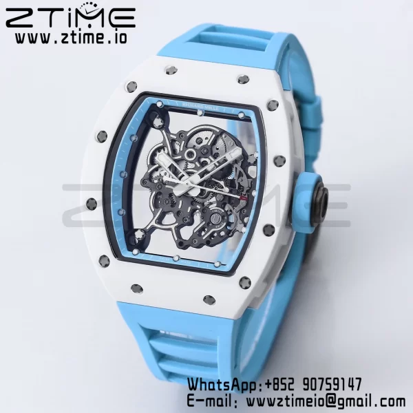 RICHARD MILLE RM055 White Ceramic BBR Factory Best Edition Skeleton Black Dial Blue Inside Frame on Blue BlueStrap Clone RMUL2 V3 - Super Clone Watch | 1:1 Best Version
