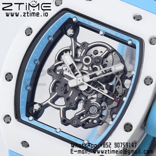 RICHARD MILLE RM055 White Ceramic BBR Factory Best Edition Skeleton Black Dial Blue Inside Frame on Blue BlueStrap Clone RMUL2 V3 - Super Clone Watch | 1:1 Best Version