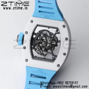RICHARD MILLE RM055 White Ceramic BBR Factory Best Edition Skeleton Black Dial Blue Inside Frame on Blue BlueStrap Clone RMUL2 V3 - Super Clone Watch | 1:1 Best Version