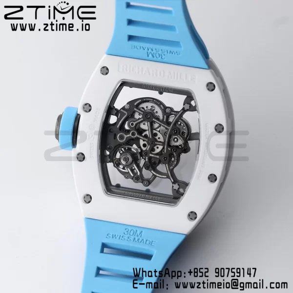 RICHARD MILLE RM055 White Ceramic BBR Factory Best Edition Skeleton Black Dial Blue Inside Frame on Blue BlueStrap Clone RMUL2 V3 - Super Clone Watch | 1:1 Best Version