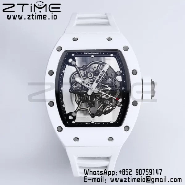 RICHARD MILLE RM055 White Ceramic BBR Factory Best Edition Skeleton Black Dial Black Inside Frame on White Rubber Strap Clone RMUL2 V3 - Super Clone Watch | 1:1 Best Version