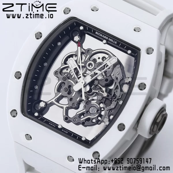 RICHARD MILLE RM055 White Ceramic BBR Factory Best Edition Skeleton Black Dial Black Inside Frame on White Rubber Strap Clone RMUL2 V3 - Super Clone Watch | 1:1 Best Version