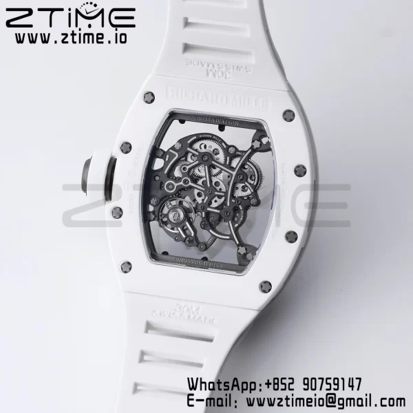 RICHARD MILLE RM055 White Ceramic BBR Factory Best Edition Skeleton Black Dial Black Inside Frame on White Rubber Strap Clone RMUL2 V3 - Super Clone Watch | 1:1 Best Version