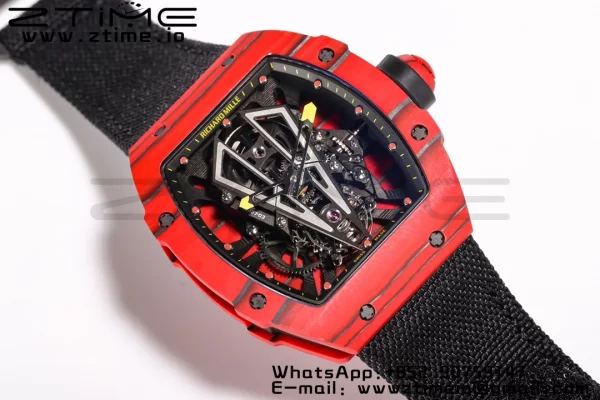RICHARD MILLERM RM027-03 Real Tourbillon BBRF Best Edition Red Carbon Skeleton Dial on Black Nylon Strap - Super Clone Watch | 1:1 Best Version
