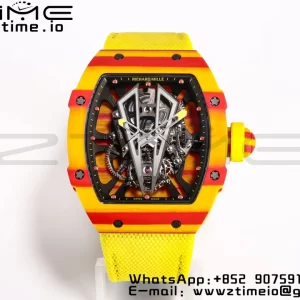 RICHARD MILLERM RM027-03 Real Tourbillon BBRF Best Edition Orange/Red Carbon Skeleton Dial on Yellow Nylon Strap - Super Clone Watch | 1:1 Best Version