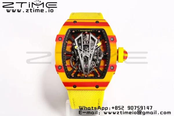 RICHARD MILLERM RM027-03 Real Tourbillon BBRF Best Edition Orange/Red Carbon Skeleton Dial on Yellow Nylon Strap - Super Clone Watch | 1:1 Best Version