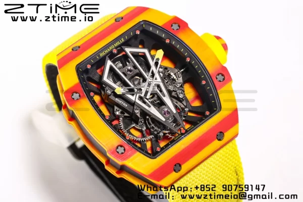 RICHARD MILLERM RM027-03 Real Tourbillon BBRF Best Edition Orange/Red Carbon Skeleton Dial on Yellow Nylon Strap - Super Clone Watch | 1:1 Best Version