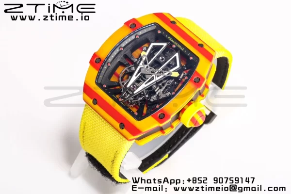 RICHARD MILLERM RM027-03 Real Tourbillon BBRF Best Edition Orange/Red Carbon Skeleton Dial on Yellow Nylon Strap - Super Clone Watch | 1:1 Best Version