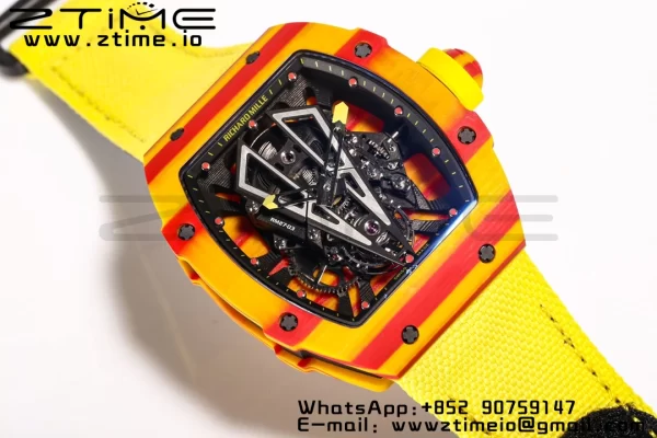 RICHARD MILLERM RM027-03 Real Tourbillon BBRF Best Edition Orange/Red Carbon Skeleton Dial on Yellow Nylon Strap - Super Clone Watch | 1:1 Best Version
