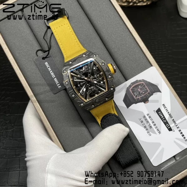 RICHARD MILLERM RM12-01 Real NTPT RMF Best Edition Skeleton Black Dial on Yellow Nylon Strap - Super Clone Watch | 1:1 Best Version