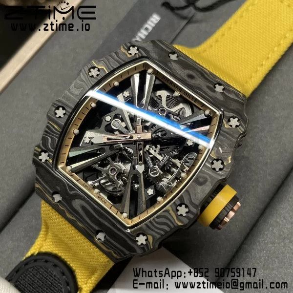 RICHARD MILLERM RM12-01 Real NTPT RMF Best Edition Skeleton Black Dial on Yellow Nylon Strap - Super Clone Watch | 1:1 Best Version