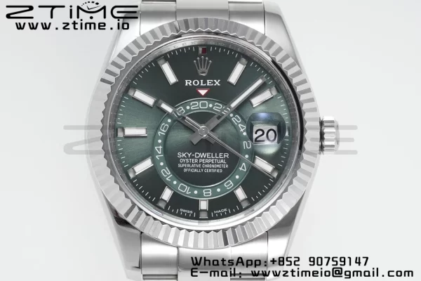 Rolex Sky-Dweller 326934 904L SS ZF 1:1 Best Edition Green Dial on SS Jubilee Bracelet A2824 - Super Clone Watch | 1:1 Best Version