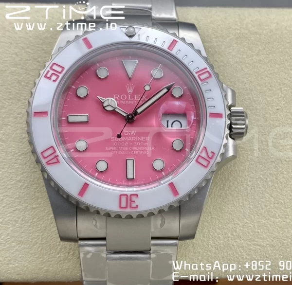 Rolex Submariner Sandblasted DIWF Best Edition White Bezel Pink Dial Dial on SS Bracelet VR3135 - Super Clone Watch | 1:1 Best Version