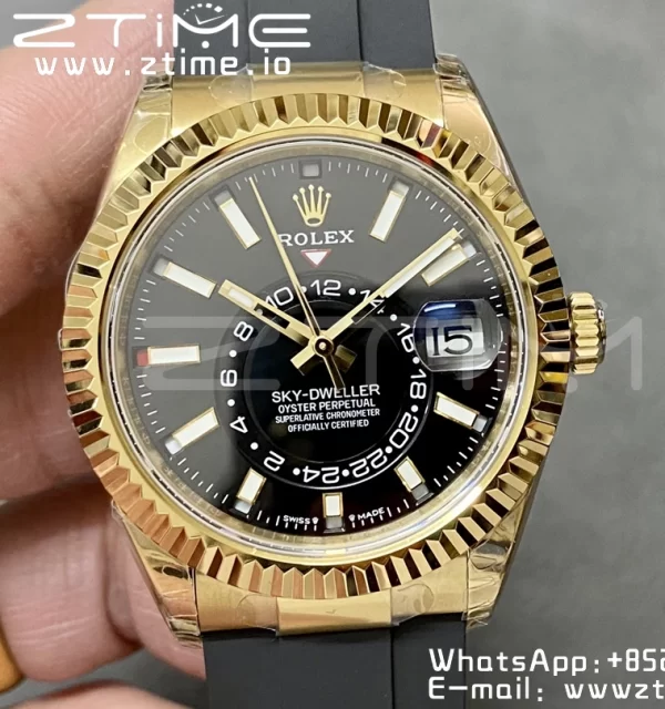 Rolex Skydweller 336238 YG Noob Best Edition Black Dial on Oysterflex Strap A23J - Super Clone Watch | 1:1 Best Version