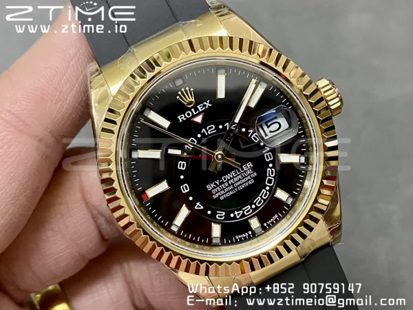 Rolex Skydweller 336238 YG Noob Best Edition Black Dial on Oysterflex Strap A23J - Super Clone Watch | 1:1 Best Version