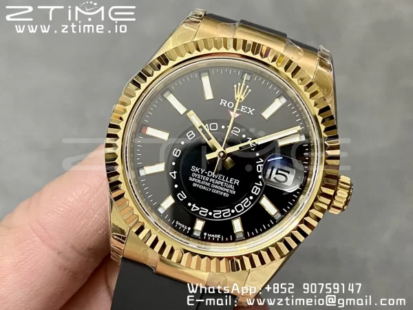 Rolex Skydweller 336238 YG Noob Best Edition Black Dial on Oysterflex Strap A23J - Super Clone Watch | 1:1 Best Version