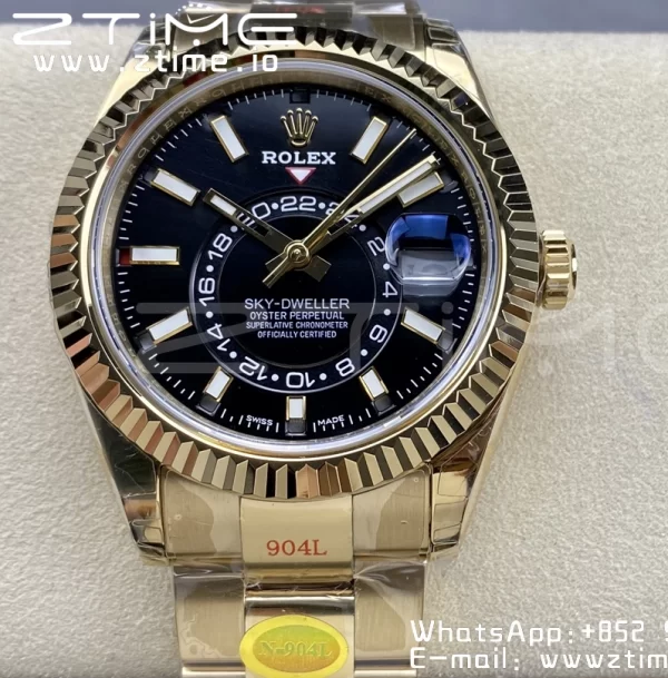 Rolex Skydweller 326938 YG Noob Best Edition Black Dial on YG Bracelet A23J - Super Clone Watch | 1:1 Best Version