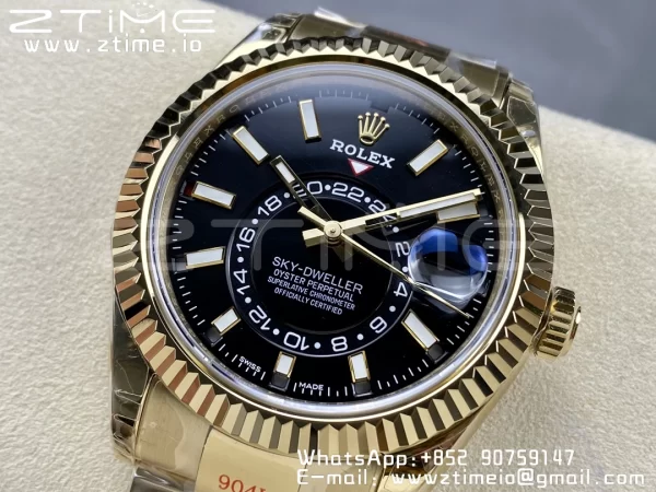 Rolex Skydweller 326938 YG Noob Best Edition Black Dial on YG Bracelet A23J - Super Clone Watch | 1:1 Best Version