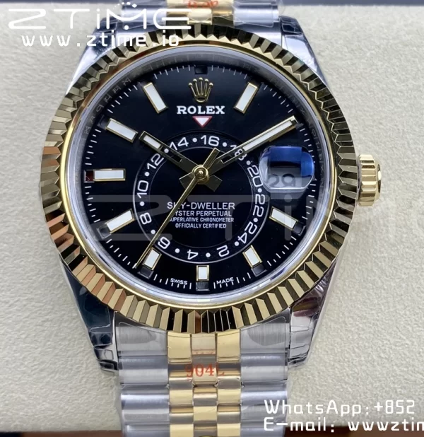 Rolex Skydweller 326933 SS/YG Noob Best Edition Schwarzes Zifferblatt auf SS/YG Jubilee Armband A23J - Super Clone Watch | 1:1 Best Version