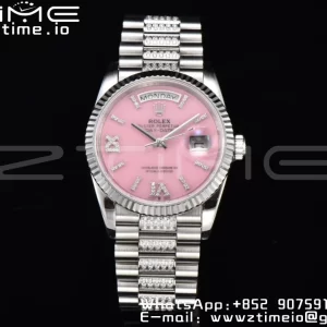 Rolex DayDate 36 SS CSF Best Edition  Rome diamonds Pink Dial on diamonds President Bracelet A2836 - Super Clone Watch | 1:1 Best Version
