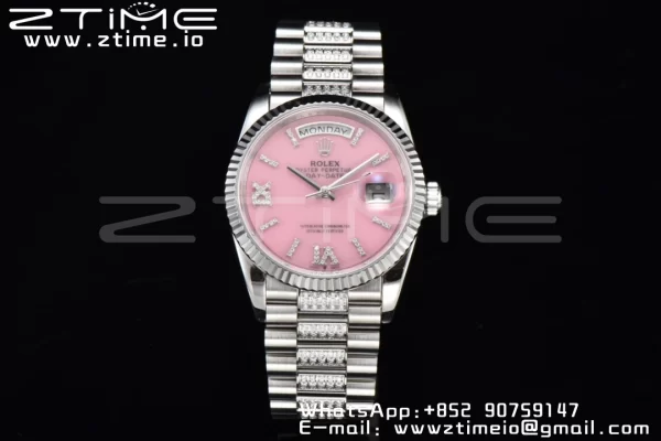 Rolex DayDate 36 SS CSF Best Edition  Rome diamonds Pink Dial on diamonds President Bracelet A2836 - Super Clone Watch | 1:1 Best Version