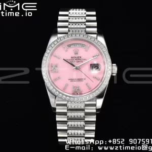 Rolex DayDate 36 SS CSF Best Edition  Rome diamonds Pink Dial on diamonds President Bracelet A2836 - Super Clone Watch | 1:1 Best Version