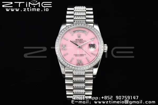Rolex DayDate 36 SS CSF Best Edition  Rome diamonds Pink Dial on diamonds President Bracelet A2836 - Super Clone Watch | 1:1 Best Version