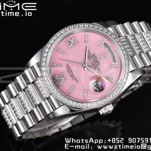 Rolex DayDate 36 SS CSF Best Edition  Rome diamonds Pink Dial on diamonds President Bracelet A2836 - Super Clone Watch | 1:1 Best Version