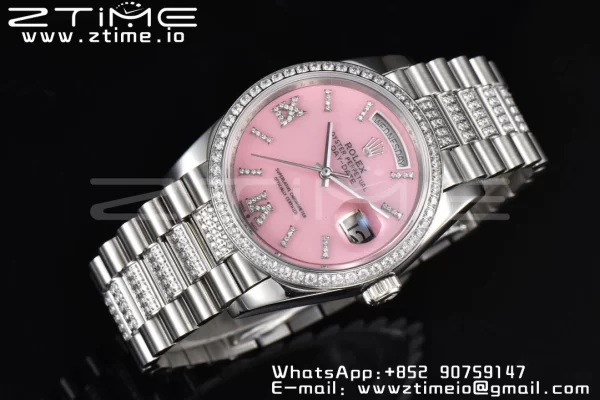 Rolex DayDate 36 SS CSF Best Edition  Rome diamonds Pink Dial on diamonds President Bracelet A2836 - Super Clone Watch | 1:1 Best Version