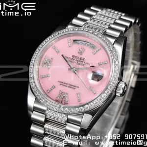 Rolex DayDate 36 SS CSF Best Edition  Rome diamonds Pink Dial on diamonds President Bracelet A2836 - Super Clone Watch | 1:1 Best Version