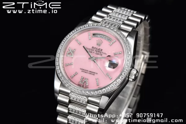 Rolex DayDate 36 SS CSF Best Edition  Rome diamonds Pink Dial on diamonds President Bracelet A2836 - Super Clone Watch | 1:1 Best Version