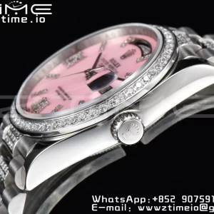 Rolex DayDate 36 SS CSF Best Edition  Rome diamonds Pink Dial on diamonds President Bracelet A2836 - Super Clone Watch | 1:1 Best Version