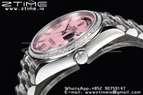 Rolex DayDate 36 SS CSF Best Edition  Rome diamonds Pink Dial on diamonds President Bracelet A2836 - Super Clone Watch | 1:1 Best Version