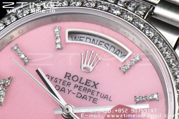Rolex DayDate 36 SS CSF Best Edition  Rome diamonds Pink Dial on diamonds President Bracelet A2836 - Super Clone Watch | 1:1 Best Version